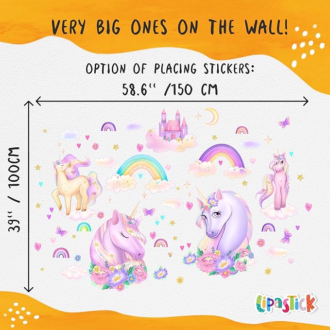 Unicorn Wall Decals Pack of 4 Sheets 125pcs by Lipastick - Rainbow Wall Stickers – Princess Castle with Hearts Clouds Stars Wall Decals Decor for Girls Kids Bedroom Birthday Party Size M Size