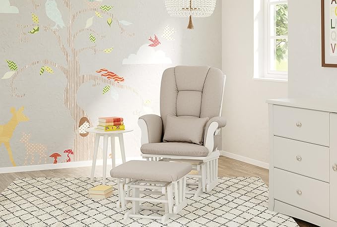 Storkcraft Tuscany Custom Glider and Ottoman with Free Lumbar Pillow (White/Taupe Swirl) - Cleanable Upholstered Comfort Rocking Nursery Chair with Ottoman