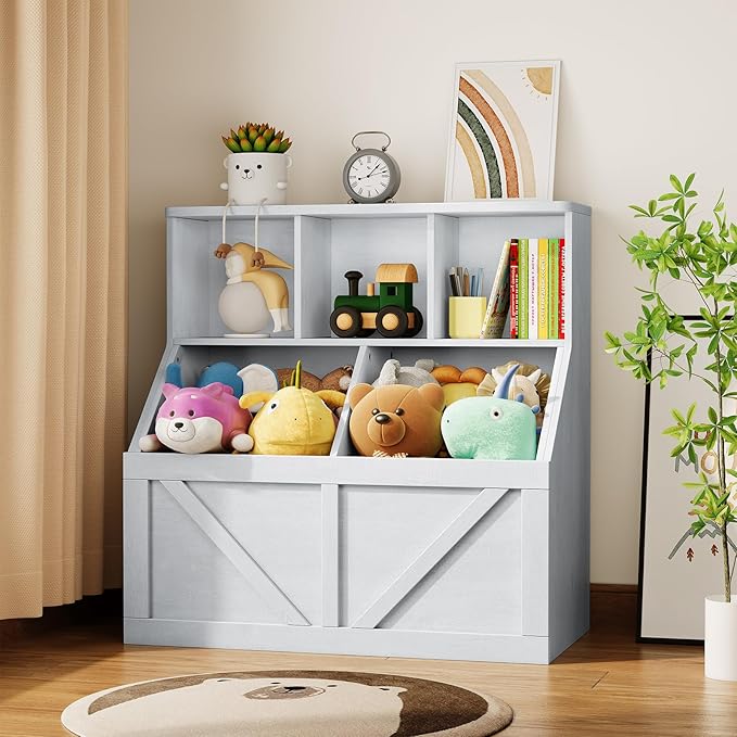 Kids Bookshelf and Toy Storage, Kids Toy Storage Organizer, Toy Storage Cabinet with Toy Shelf, Toddler Bookshelf Toy Organizer and Storage Bins for Playroom, Bedroom, Nursery, Classroom, Daycare