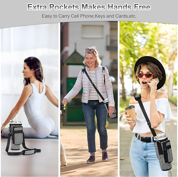 Bling Diamond Water Bottle Carrier Bag with Phone Pocket for Stanley 40/30 oz Tumbler with Card Holder,Neoprene Water Bottle Holder Pouch with Adjustable Strap for Stanley Cup Accessories