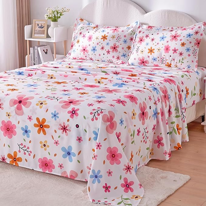 Queen Sheet Set White Colorful Floral Bed Sheets Set Cute Soft Microfiber Cooling Sheets 4 Pieces Queen Size Bed Set Wrinkle Free, 15 inch Deep Pocket Fitted Sheet, Flat Sheet, Pillowcases