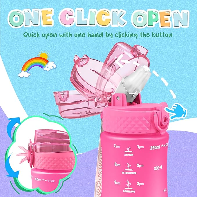 OLDLEY Kids Water Bottle for School, 12 oz (2 lids) BPA-Free Reusable Leak-proof Durable Tritan Plastic Water Bottles with Straw & Chug Lids, Anti-dust Spout Cover (Rose red)