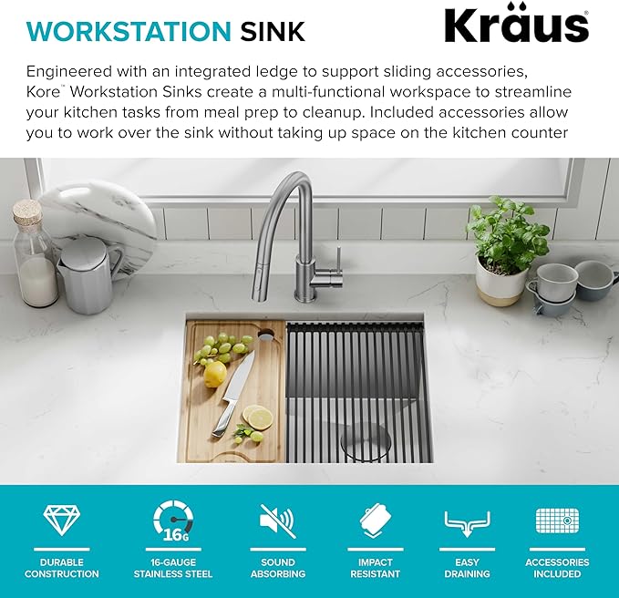 KRAUS KWU111-23 Kore Workstation 23-inch Undermount 16 Gauge Single Bowl Stainless Steel Kitchen Sink with Integrated Ledge and Accessories (Pack of 5)