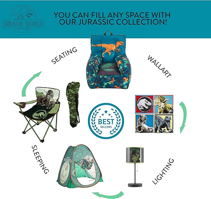 Idea Nuova Jurassic World 2 Kids Nylon Bean Bag Chair with Piping & Top Carry Handle, Blue, 18" H x 18" W