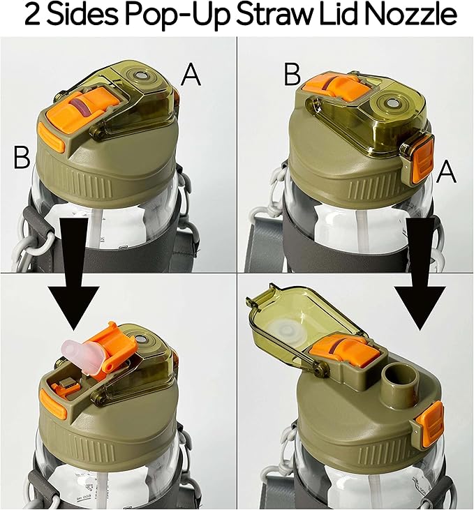 48oz Borosilicate Glass Water Bottle with Straw and Time Marker, Large Sport Water Jug with Adjustable Strap for Men Women (Green)