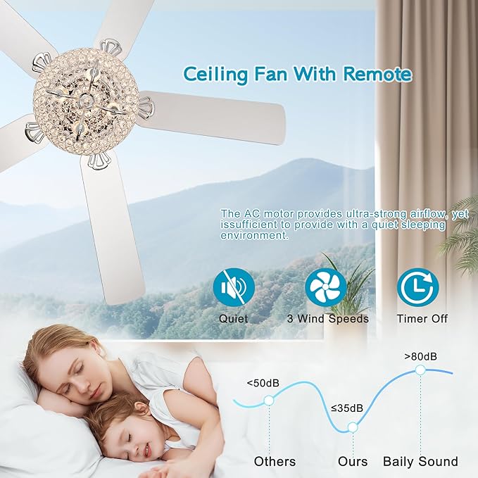 NicBex Ceiling Fan 52 Inch Ceiling Fan with Lights Ceiling Fans with 5 Blades and Remote Control Ceiling Fan with Crystal Lamp Shade for Bedroom, Living Room, Silver