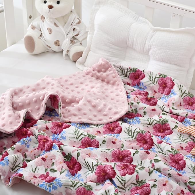DaysU Silky Micro Soft Plush Baby Blankets for Girls with Print Pattern and Soothing Raised Dots, Double Layer Bed Throws for Baby Crib, Flower, Pink, 30x40 Inches