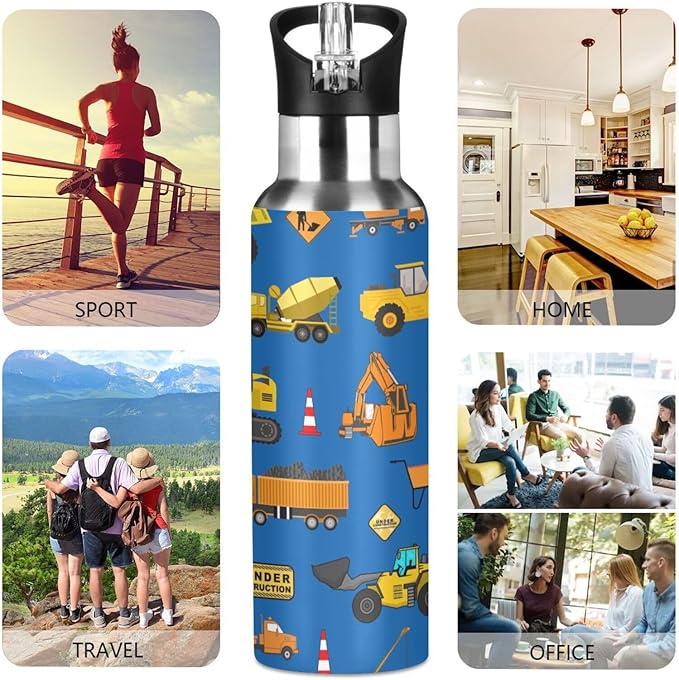 Construction Stainless Steel Water Bottle with Straw Lid - 20 Oz Sports Insulated Water Bottle Thermos for Sport Gym Outdoor Travel School