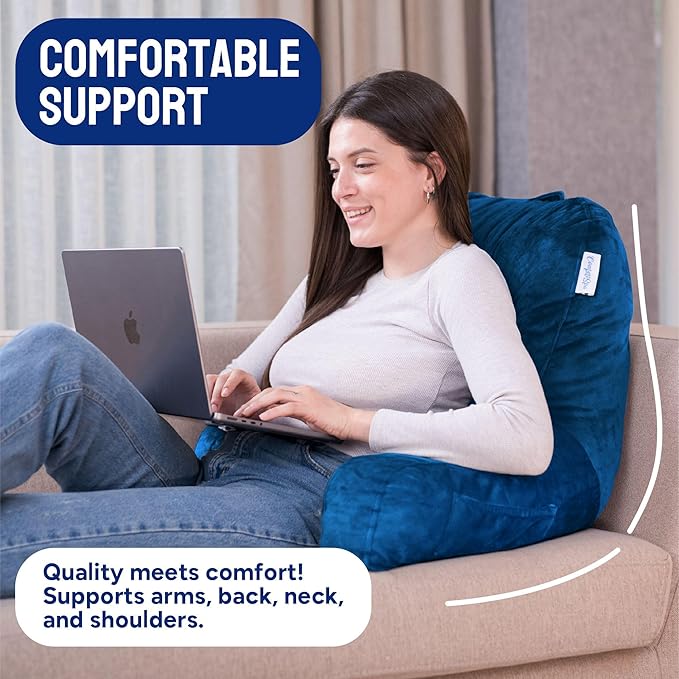 ComfortSpa Reading Pillow for Bed Adult Size, Back Rest Pillow with Arms, Pockets and Washable Cover; Use as a Back Pillow for Sitting in Bed for Bedrest or Relief from GERD Heartburn (XL Navy Blue)