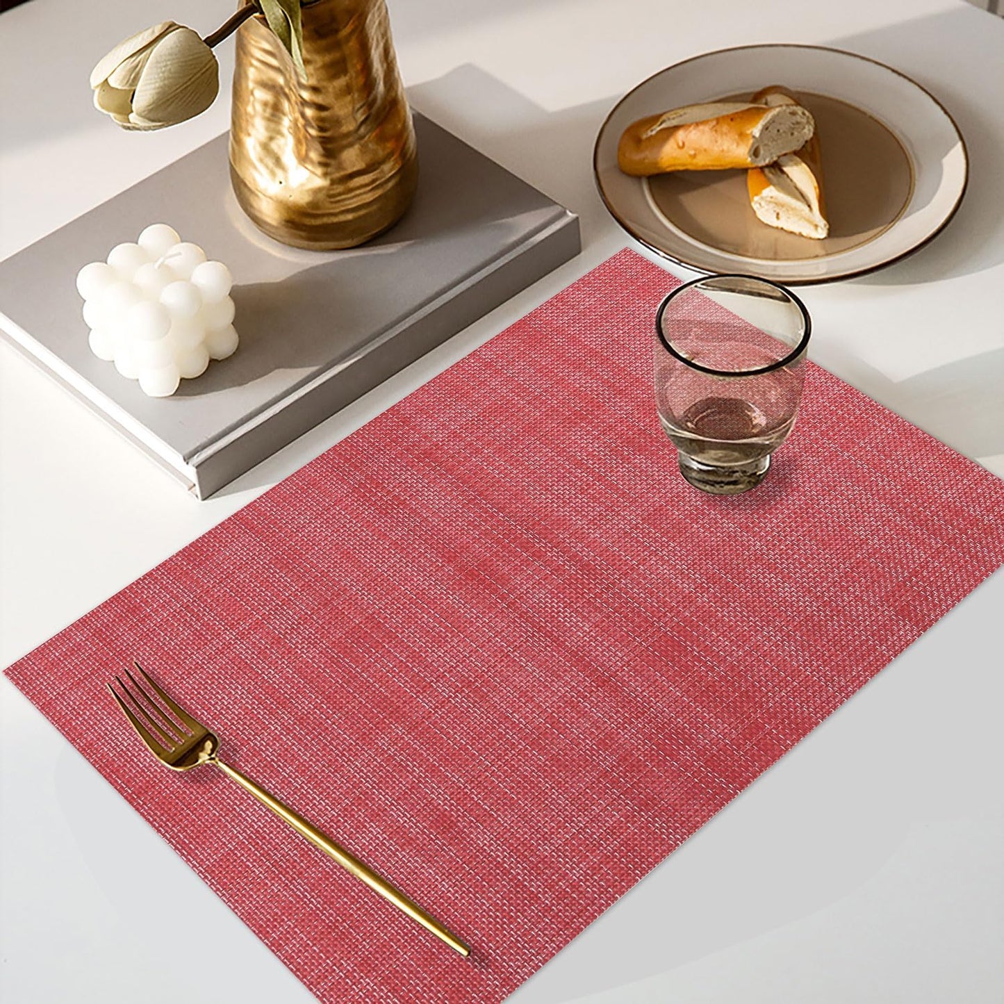 Vinyl Placemats Set of 4, PVC Woven Washable Non-Slip Table Mats, Heat Resistant Wrinkle Free Place Mats for Dining Table, Easy to Clean (4, Red)