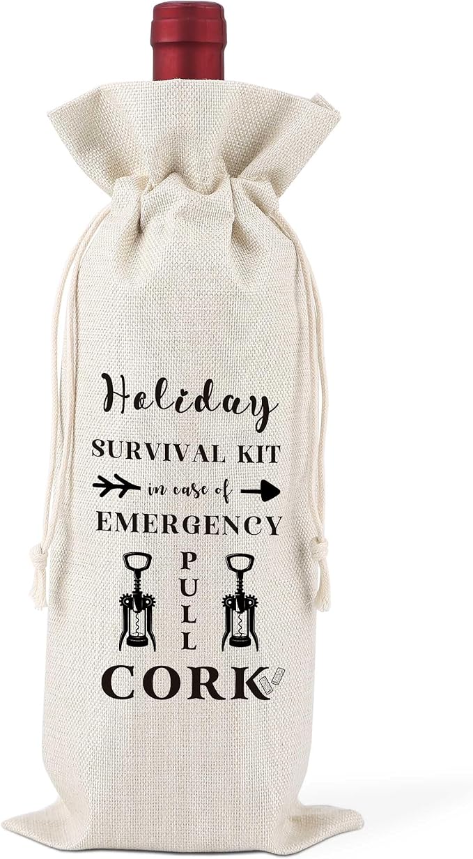 Holiday Survival Kit In Case of Emergency Pull Cork Wine Bag,Wine Bags For Mum,Favor Bag,Survival bag,Holiday Recovery Hangover Gift Bag,Goody Bag,Party Favor Bag,Reusable Wine Bag With Drawstring,L44