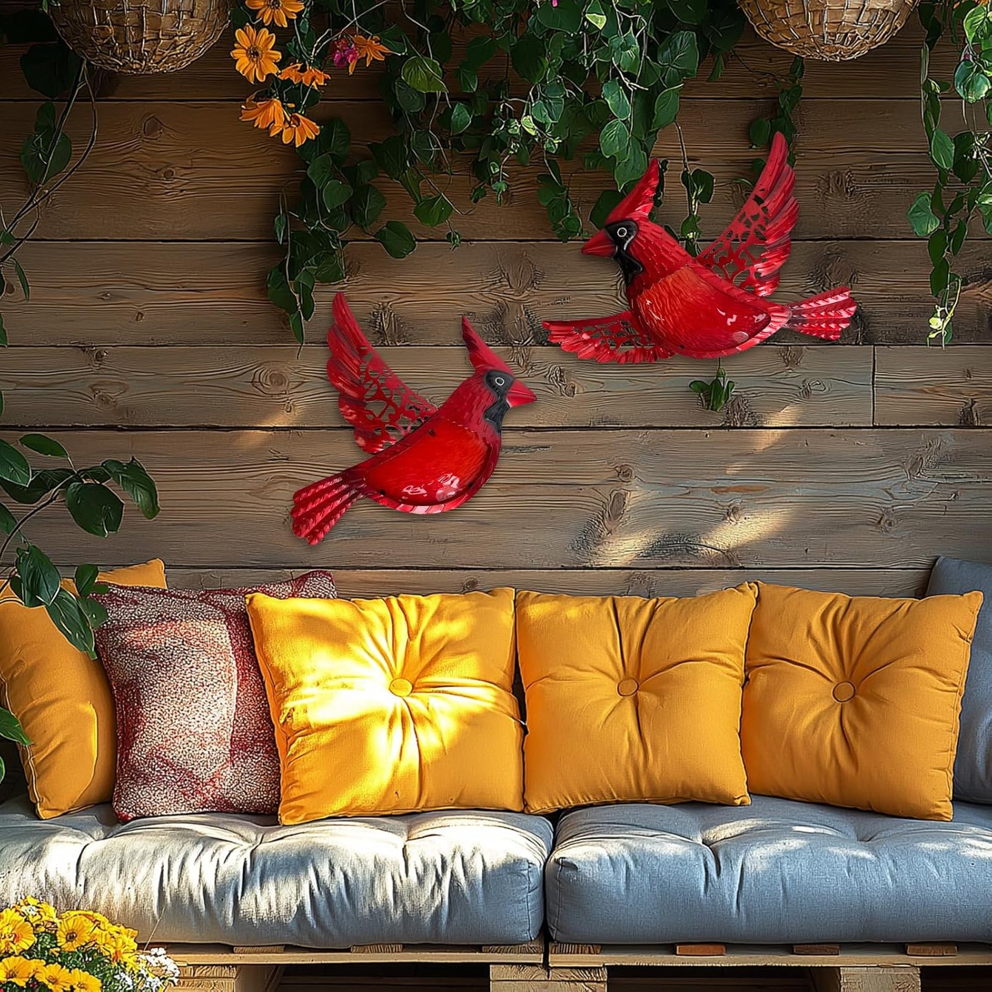 HONGLAND Metal Cardinal Wall Art 12inch Metal Birds Wall Sculpture Garden Decoration Outdoor Statue Patio Fence Hanging Plaques 2 Pack
