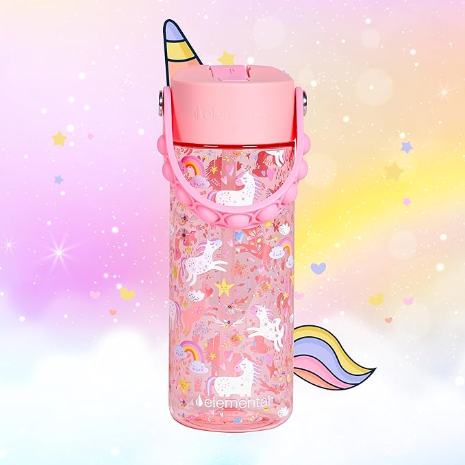 Elemental Leak Proof Water Bottles for Kids - Splash Kids Water Bottle for School with Fun Fidget Pop-it Handle - BPA Free Tritan Plastic Reusable Water Bottle with Straw - Pink Unicorn - 18oz