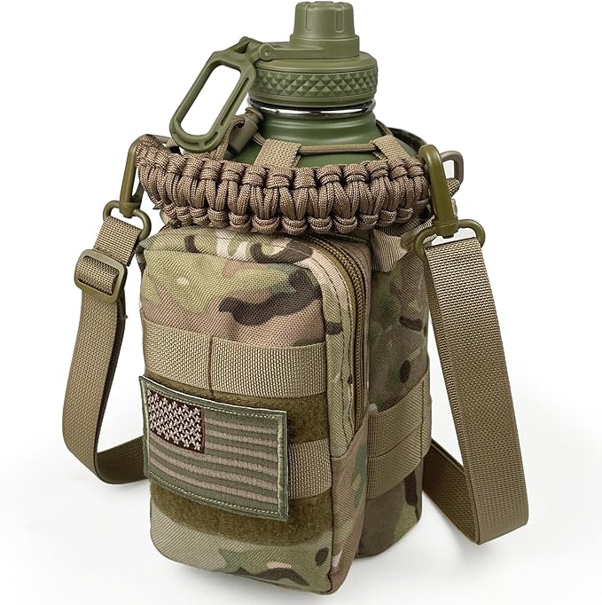 Half Gallon Water Bottle with Sleeve - 64 Oz Insulated Water Jug with Handle - Green Stainless Steel Sports Water Bottle for Gym Workout Hiking Tactical Bottle Holder with Pouch Camo