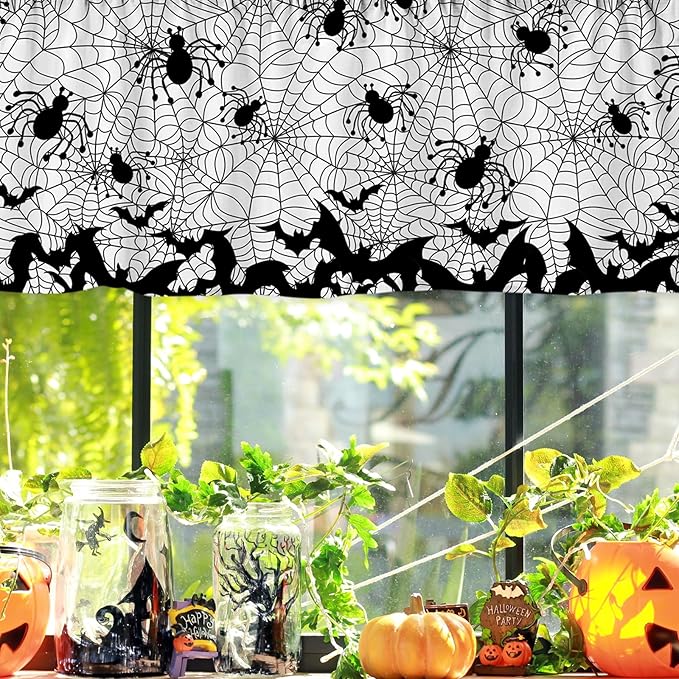 Halloween Curtain Valance 54 x 18 Inch Bat Spider Web Valance Curtain Rod Pocket White Black Short Window Treatment for Home Party Window Decor