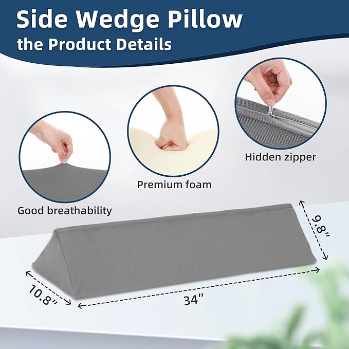 Fanwer Wedge Pillow for Side Sleeping, 34" Back Pillow for Side Sleeper, Bed Wedges & Body Positioners for After Surgery, Back Pain, Preventing Bedsores