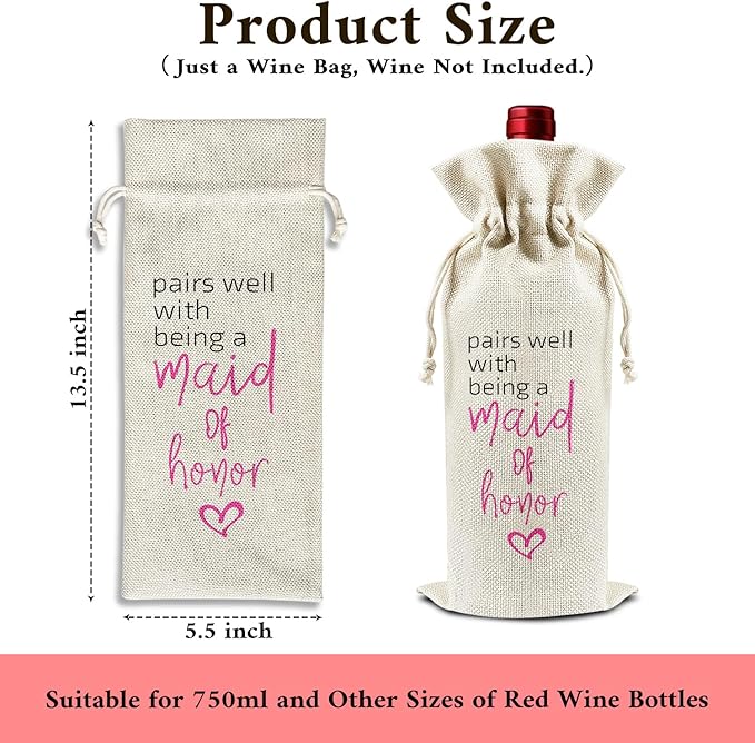 Pairs Well with Being A Maid of Honor - Gifts for Bridesmaid Wine Bags, 1 PC Reusable Drawstring Burlap Wine Bottle Bags, Wedding Gifts for Ladies Women, Bridal Shower Party Decorations -33