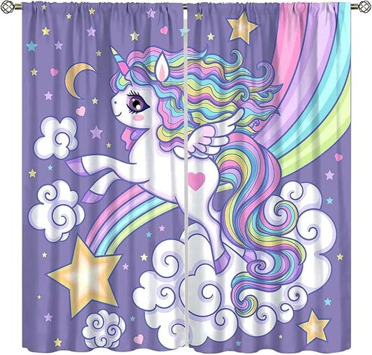 Kids Unicorn Curtains Purple Cartoon Rainbow Cartoon Room Blackout Curtains Boys Girls Baby Room Decor Curtains Living Room Decor 63x72 Inch 2 Panels