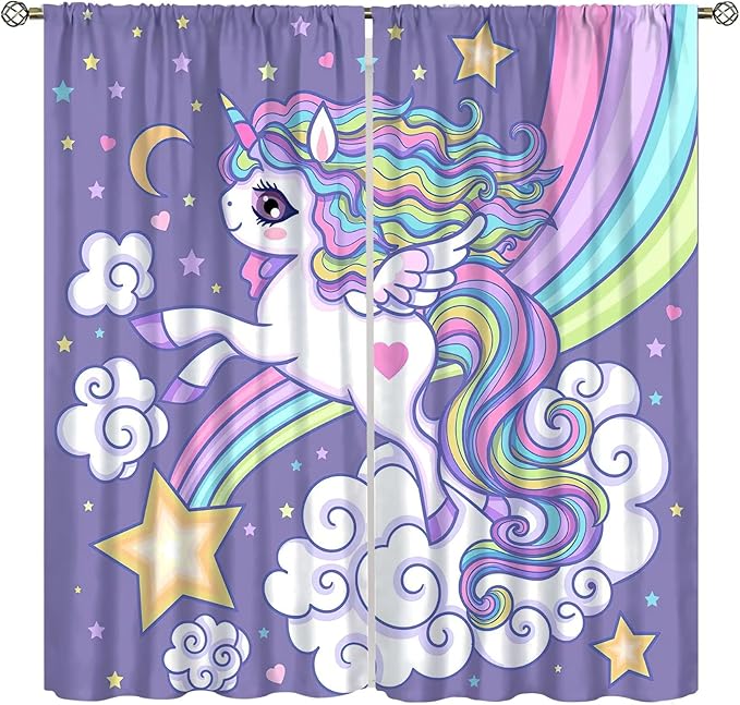 Kids Unicorn Curtains Purple Cartoon Rainbow Cartoon Room Blackout Curtains Boys Girls Baby Room Decor Curtains Living Room Decor 55x63 Inch 2 Panels