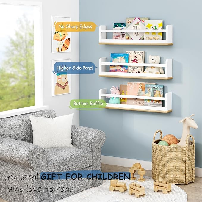 Nursery Wall Bookshelf for Kids Room Set of 3, 24 Inch Floating Book Shelves for Baby Boys Girls Bedroom, Large Wood Mounted Hanging Bookshelves for Toddlers Childs (White and Natural)