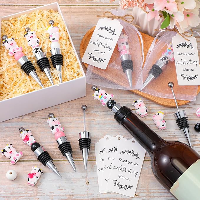Gisafai 36 Set Cow Beadable Wine Stoppers Baby Shower Wedding Favors for Guests Decorative Beaded Wine Bottle Stopper with Cow Beads Organza Bag Tag for Wedding Cow Party Favor Souvenirs Gifts