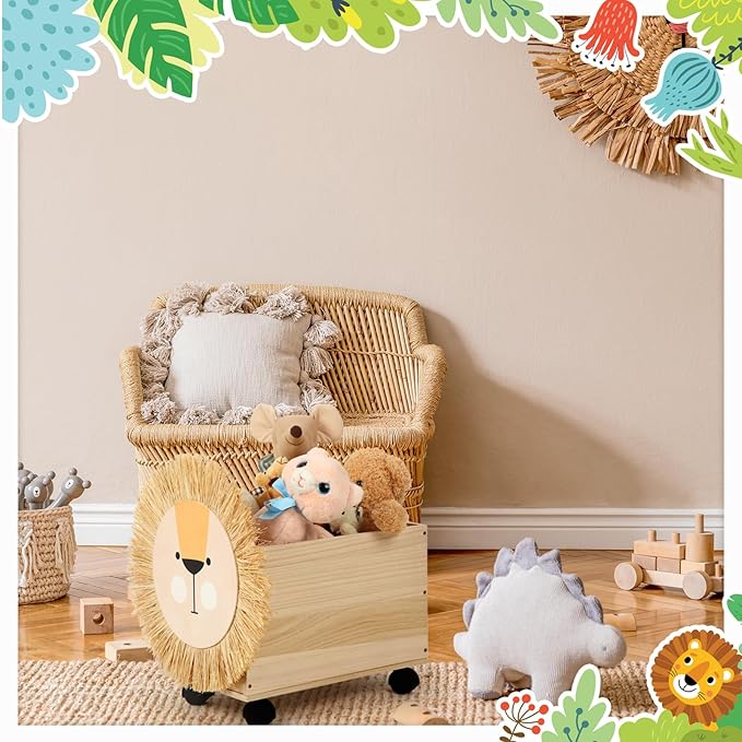 Kids Toy Box Storage Wooden Toy Chest Toy Organizers for Boys Girls Toy Box with Wheels 16x 10 x 10 Inch Lion Toy Storage Organizer Nursery Decor for Bedroom Living Room Easy Assembly
