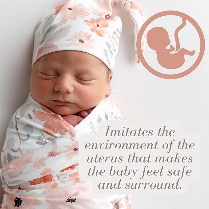 Newborn Baby Girl Receiving Blanket Swaddle Blanket Stretchy Knit Swaddle Set with Matching Headband Beanie with a Name Card (Pink and Orange Floral)