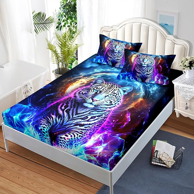 AILONEN Leopard Fitted Sheet Set Full Size, Boys Blue Smoky 3 Pieces Printed Cheetah Bed Sheet Set,Wildlife Fitted Sheet with 2 Pillowcases