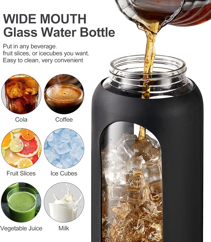 TKK 64 OZ Glass Water Bottle with Straw and Handle Half Gallon Bottle with Silicon Sleeve 2L Sports Water Bottles for Fitness, Gym, Workout - Black