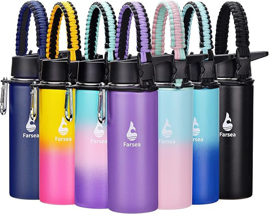Farsea Insulated Water Bottle with Straw Lid & Spout Lid & Paracord Handle, Stainless Steel Water Bottle Wide Mouth, Double Wall Sweat-Proof BPA-Free, 18 oz, Purple