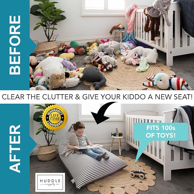 HUDDLE Original Stuffed Animal Bean Bag Storage Large Designer Beanbag Chairs for Kids Teens & Adults | Instant Clutter Clear for Stylish Moms - Stuffed Animal Storage Bean Bag Chair Grey Stripe