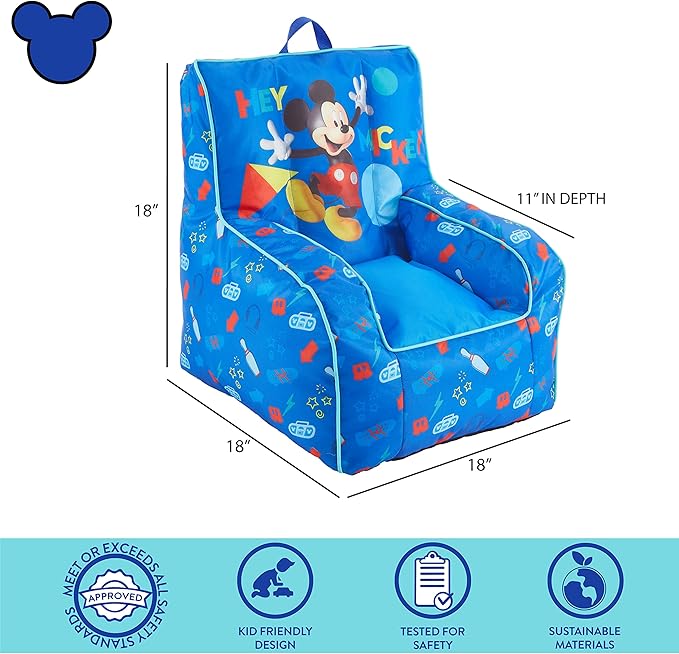 Idea Nuova Disney Mickey Mouse Kids Nylon Bean Bag Chair with Piping & Top Carry Handle, Large