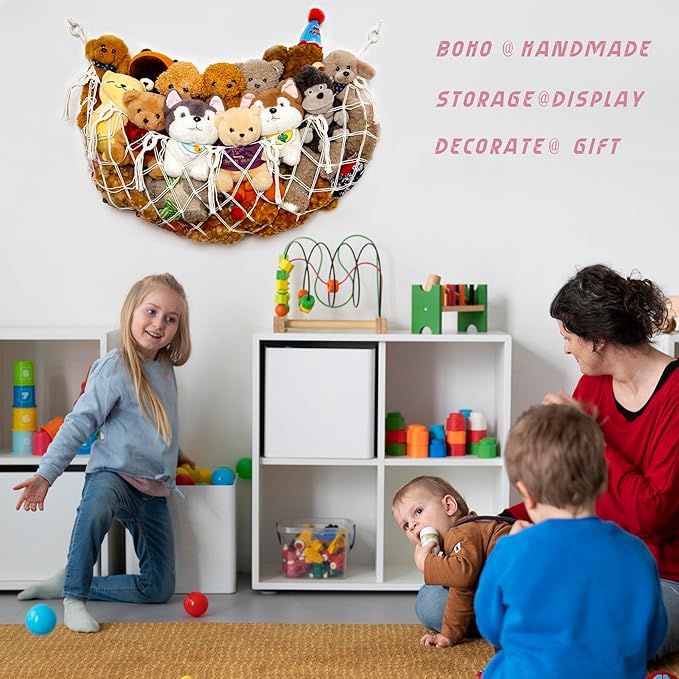 Stuffed Animal Soarage Hammock Macrame Toy Diaplay Plush Toy Holder Ceiling Hanging Net for Stuffed Animal Storage (Cream, Small)