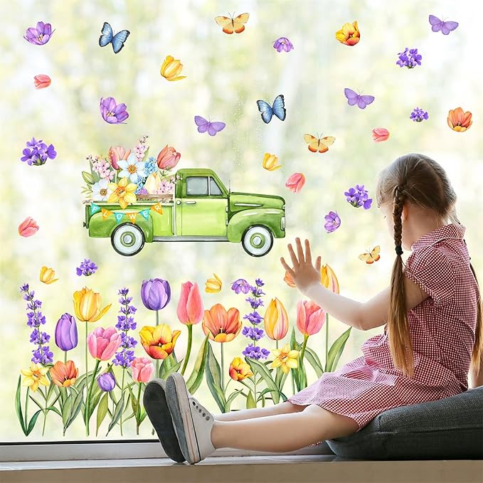 Garden Flowers Window Stickers Spring Window Cling Watercolor Butterflies Floral Wall Decals Peel and Stick Tulip Flower Window Decals for Kids Girls Bedroom Kitchen Shop Window Display Decoration