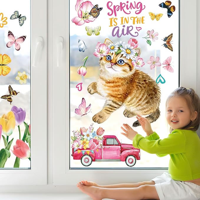 HOWAF Spring is in The Air Tulip Flowers Window Clings Stickers,9 Sheets Hello Spring Floral Butterfly Truck Cart Wall Glass Stickers Decal Decorations, Spring Cat Dog Theme Window Decals