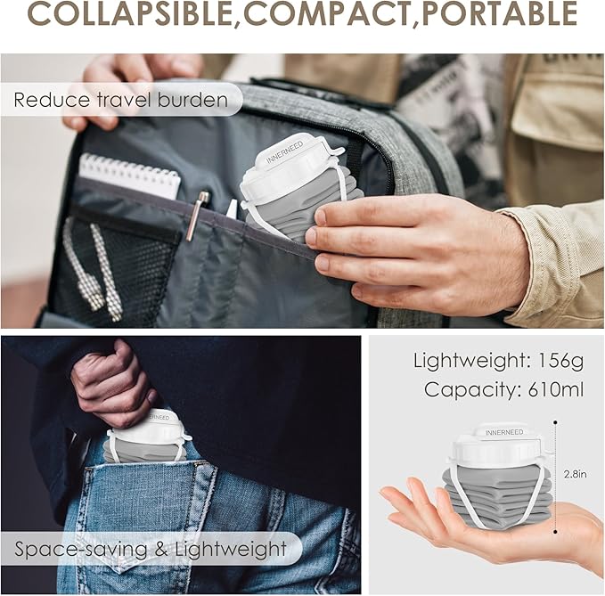 INNERNEED Collapsible Drinking Water Bottle with Straw, Reuseable Leakproof BPA Free Silicone Foldable Sports Gym Bottle, with Carrying Strap (1pack, Dark Gray)