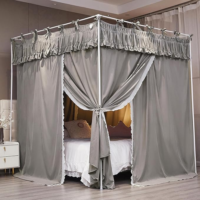 Ruffle Lace up 4 Corners Post Princess Curtain Bed Canopy Cozy Breathable Mosquito Net Cloth for Girls Adults Bedroom Decoration (Grey, 64" W*82" L*82" H/Queen)