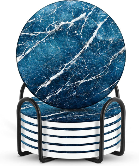 Emerson Coasters for Drinks Absorbent – Dining Table Set of 6 with Holder, 100% Ceramic Wooden Tabletop Protection Marble Style - Non-Slip & Cork Bottom - Heavy Duty (Blue Streak)