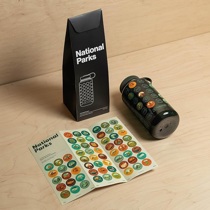 National Parks Plastic Water Bottle with Stickers Kit, Light Weight Adventure Bottle, Waterproof Stickers for Water Bottle, Wide Mouth Lid Bottle 32oz