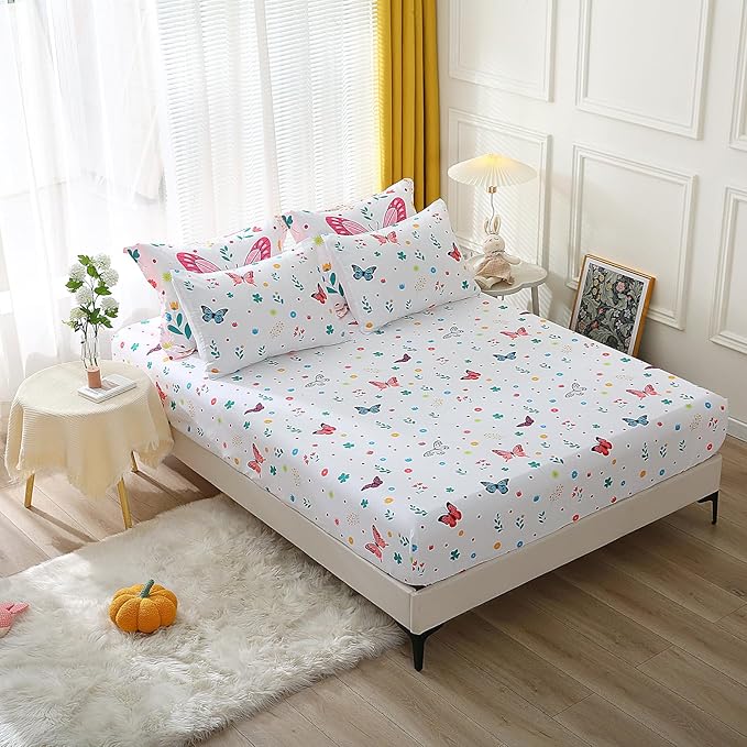 Kids Butterfly Fitted Sheet Set Full for Girls Teens Colorful Flowers Pattern Bed Sheet 2 Piece 3D Print Dreaming Style Sheet Set