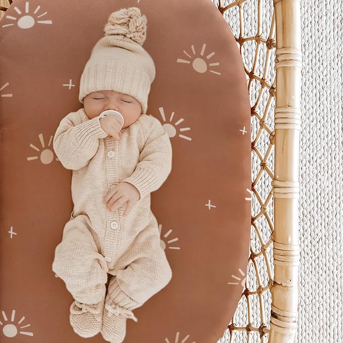 GRSSDER Stretchy Ultra Soft Bassinet Sheet 3 Pack, Universal Fit for Bassinets Baby Cradle Moses Basket Oval Rectangle Mattress or Changing Table Pad Safe and Snug, Stylish Print of Sunny Bear