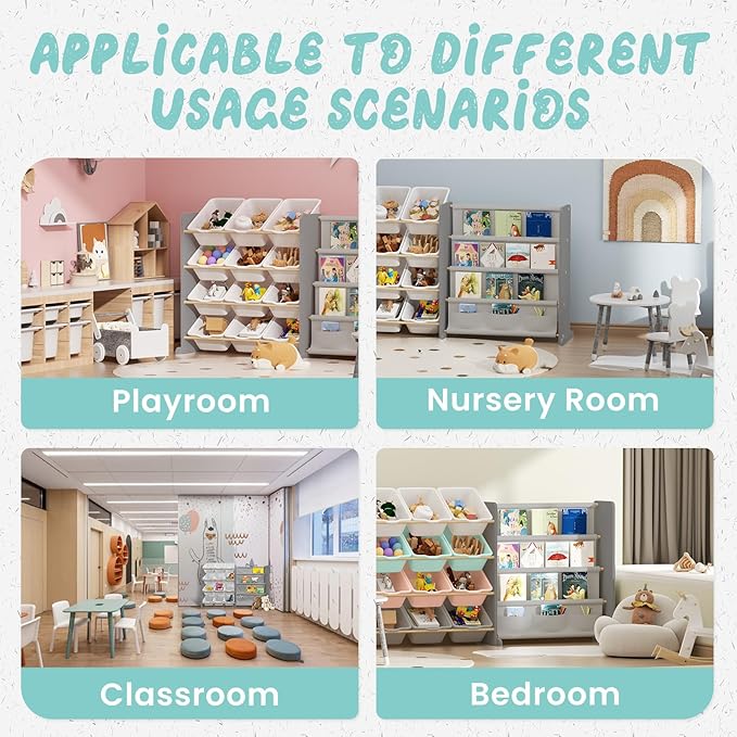 Kids Toy Storage Organizer - Toy Organizer with Kids Bookshelf, Toy Storage with 12 Toy White Bins and 4 Book Shelves, Toy Organizers and Storage for Playroom, Nursery, Kids Room, Grey