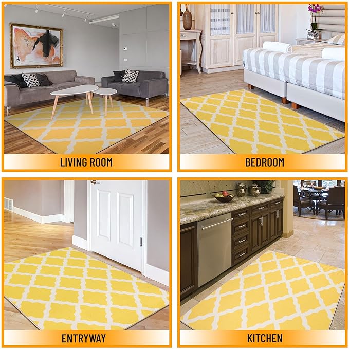 Machine Washable Moroccan Trellis Design Non-Slip Rubberback 5x7 Traditional Indoor Area Rug for Living Room, Bedroom, Dining Room, 5' x 6'6", Yellow
