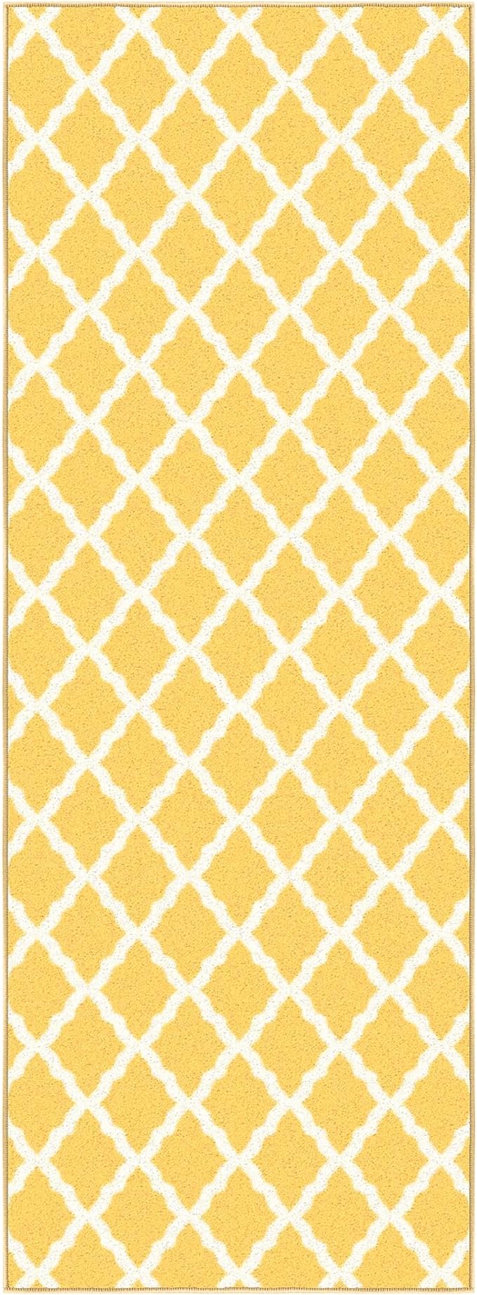 Machine Washable Moroccan Trellis Design Non-Slip Rubberback 2x6 Traditional Indoor Runner Rug for Hallway, Kitchen, Bedroom, 2'2" x 6', Yellow
