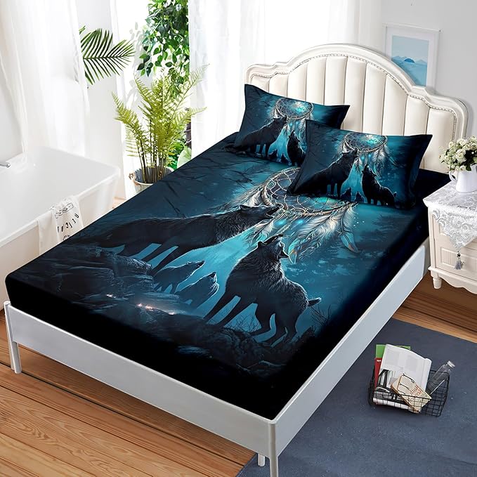 AILONEN Howling Wolf Fitted Sheet Set Full Size, 3 Pieces Teen Boys Bedding Set Safari Animal Themed Sheet Set,Dreamcatcher Bed Sheet Set Evening Forest Wolf Fitted Sheet with 2 Pillowcases