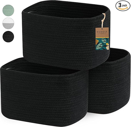 WASHABLE Woven Baskets for Storage Baskets for Shelves Large Cotton Rope Baskets for Organizing Decorative Storage Bins Bathroom, Shelves, Toys,Storage Cube Bins, Small Baskets for Organizing (Black)
