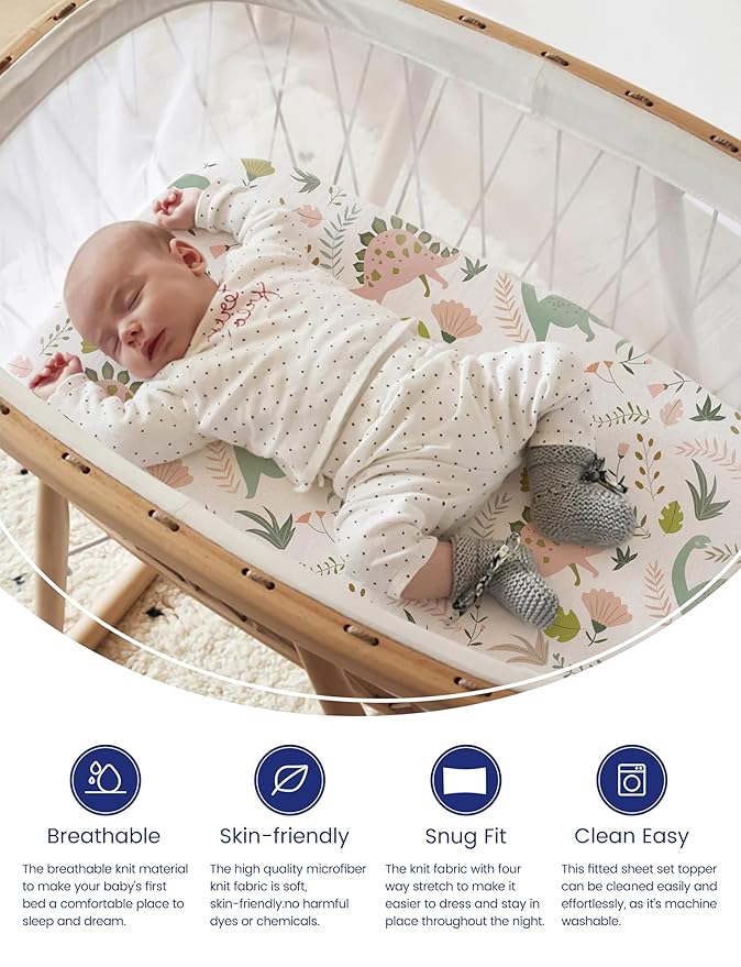 Premium Soft Dinosaur Bassinet Fitted Sheets, TotAha Stretchy Jersey Knit Bassinet Sheets for Baby Boy Girl, Ultra Breathable Bassinet Cover Universal for Oval, Rectangle Hourglass Bassinet Mattress