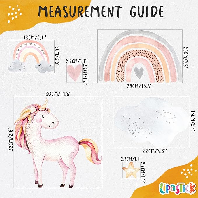 Large Rainbow Wall Decals by Lipastick - 138 pcs Rainbow Wall Stickers - Unicorn Wall Decals for Kids Bedroom Room Nursery – Kids Wall Stickers Cloud Stars Ponies - Waterproof Wall Art Décor M Size