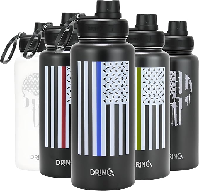 DRINCO Stainless Steel Water Bottle Spout Lid Vacuum Insulated Double Wall Water Bottle USA Flag Military Veteran (32oz Skull Artic White, 32oz)