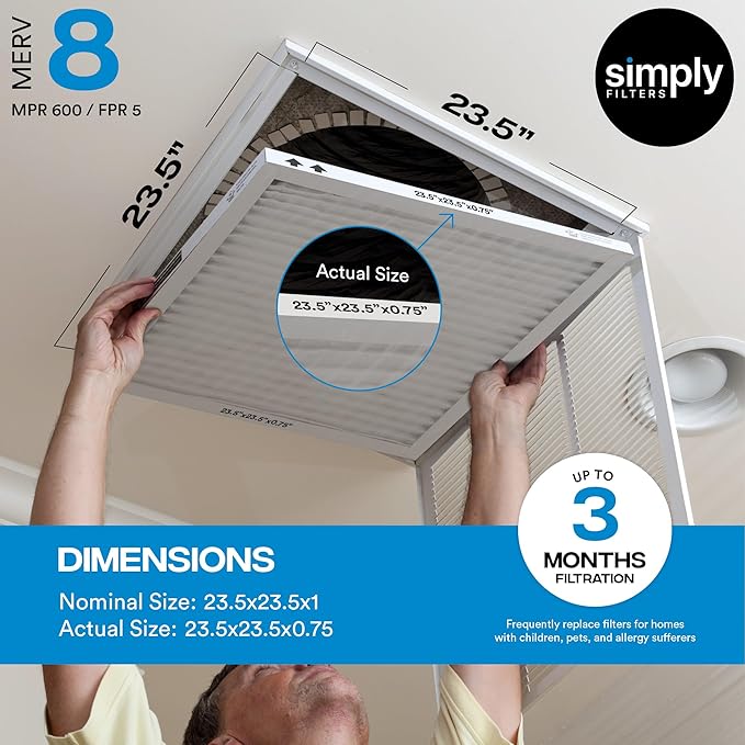 Simply 23.5x23.5x1 Air Filter, Merv 8, MPR 600, 6 Pack, For Home AC Furnace & HVAC (Actual Size: 23.5x23.5x"x0.75") DUST, Pet, & Allergy Control